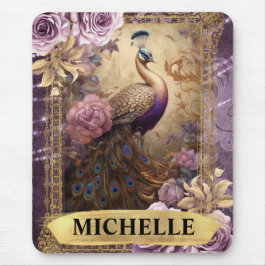 Mousepad Fantasia Romântica de Peacock e Rosas Roxos