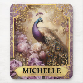 Mousepad Fantasia Romântica de Peacock e Rosas Roxos