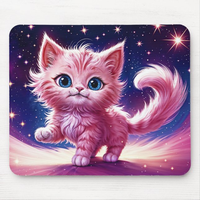 Mousepad Fantasia, rosa, fofinha, gatinho, olhos azuis bril (Frente)