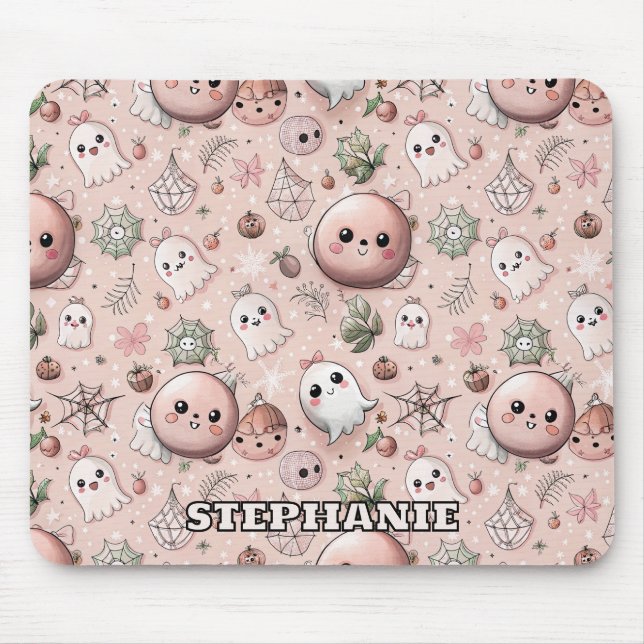 Mousepad Fantasma Cor-de-Rosa e Pastel do Halloween Sem Vis (Frente)