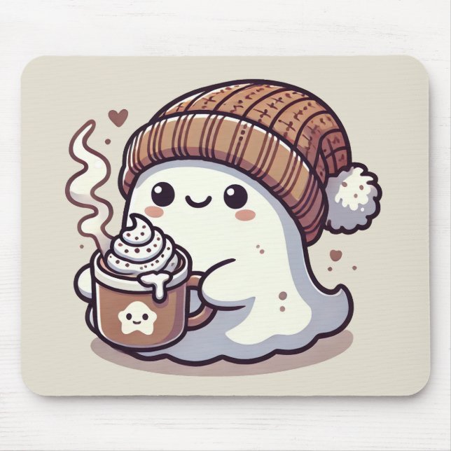 Mousepad Fantasma de Halloween Fofo com Touca de Outono e C (Frente)