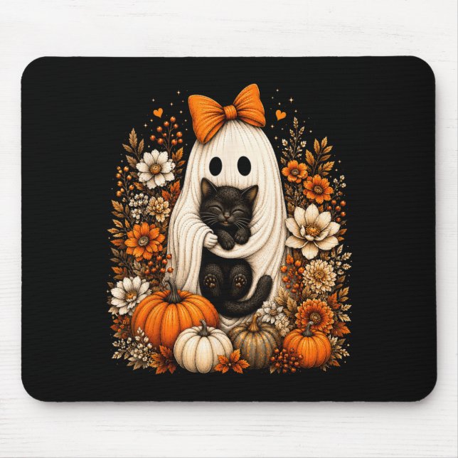 Mousepad Fantasma de Halloween segurando abóbora floral de  (Frente)