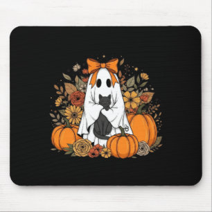 Mousepad Fantasma de Halloween segurando gato preto floral 