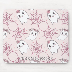 Mousepad Fantasma Rosa Pastel Padrão Halloween Kawaii