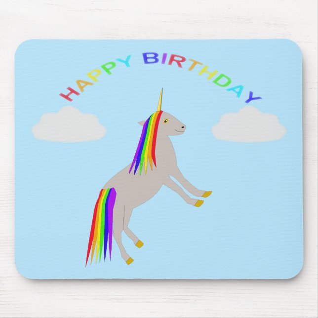 Mousepad Fantasy Birthday Unicorn Rainbow and Clouds (Frente)