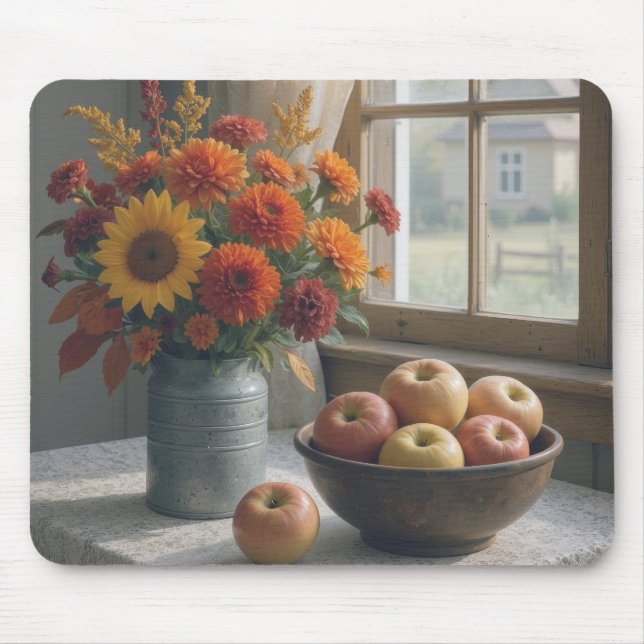 Mousepad Farmhouse Floral Buquê e Maçãs de outono (Frente)