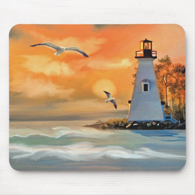 Mousepad Farol ao Pôr do Sol no Oceano e Gaivotas (Frente)
