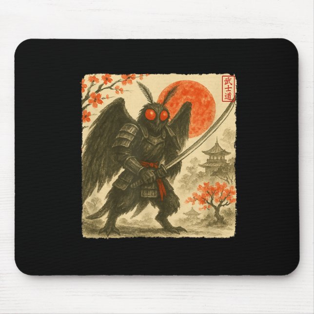 Mousepad Fato de Samurai Mothman Guerreiro Japonês Sumi-e A (Frente)