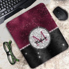 Mousepad Faux Chic Silver Glitter Burgundy Monograma preto