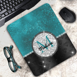 Mousepad Faux Chic Silver Glitter Turquoise Monograma preto