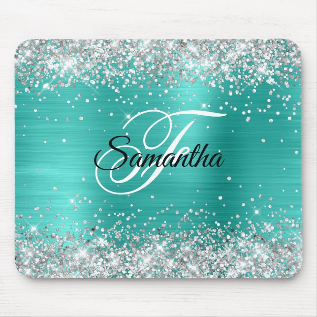 Mousepad Faux Shiny Silver Glitter Turquoise Monograma (Frente)