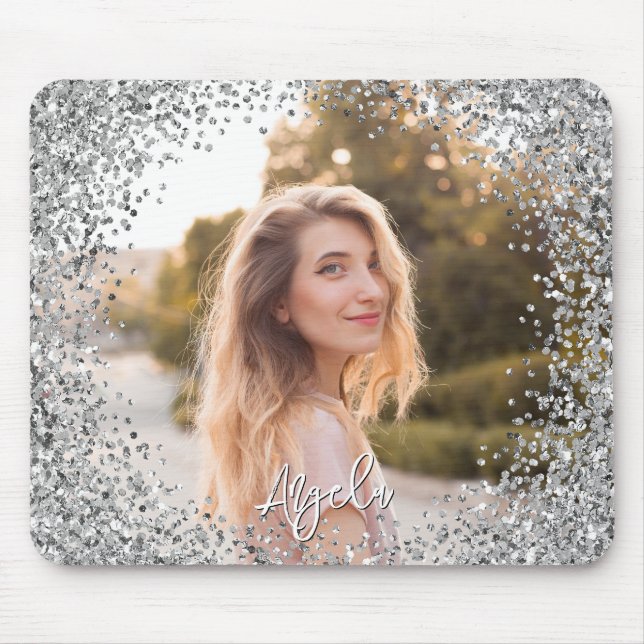 Mousepad Faux Silver Glitter Round Border Photo (Frente)