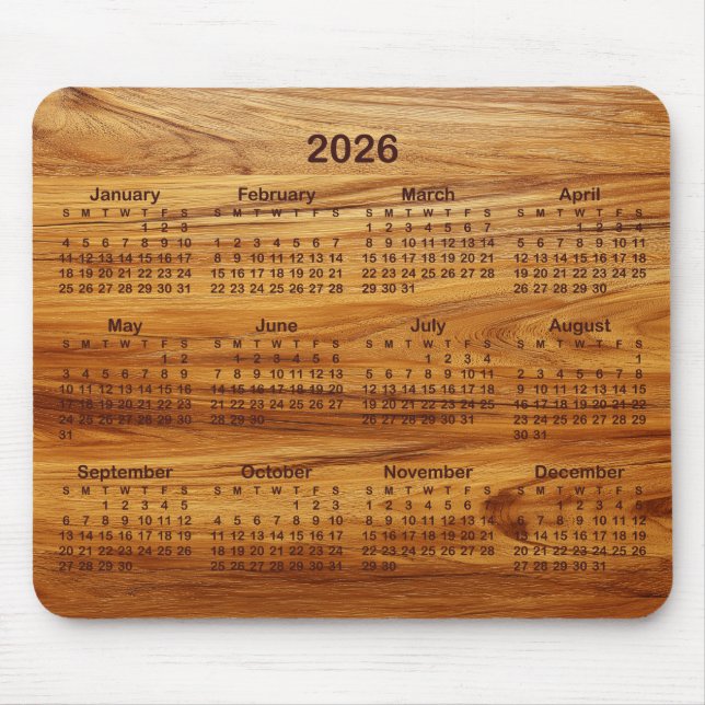 Mousepad Faux Teak Wood 2026 Calendar (Frente)