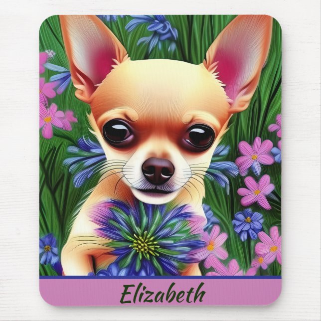 Mousepad Fawn Chihuahua Puppy no Prado Flor Personalizado (Frente)
