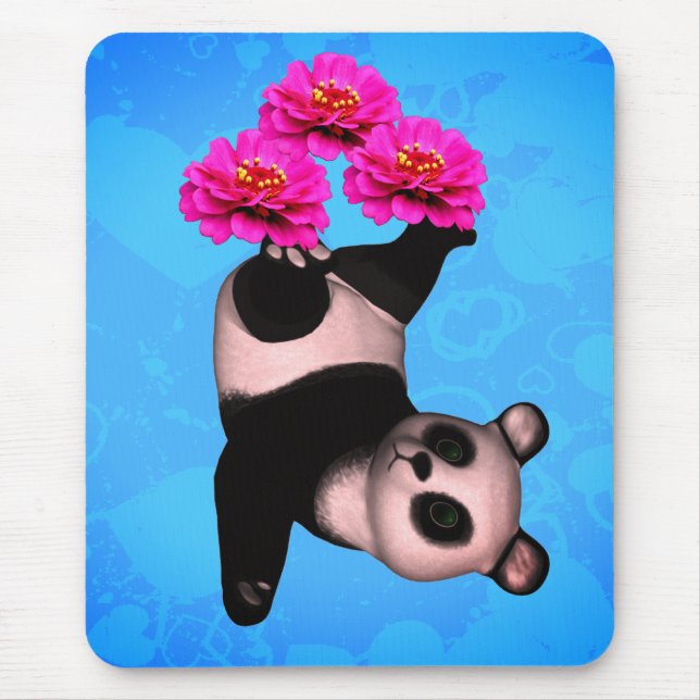 Mousepad Fazendo Malabarismo Com O Urso Panda E Flores Rosa (Frente)