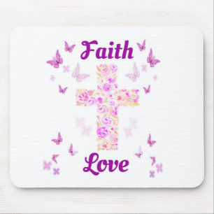 Mousepad Fé e Amor Cruz de Rosas com Butterflie Rosa