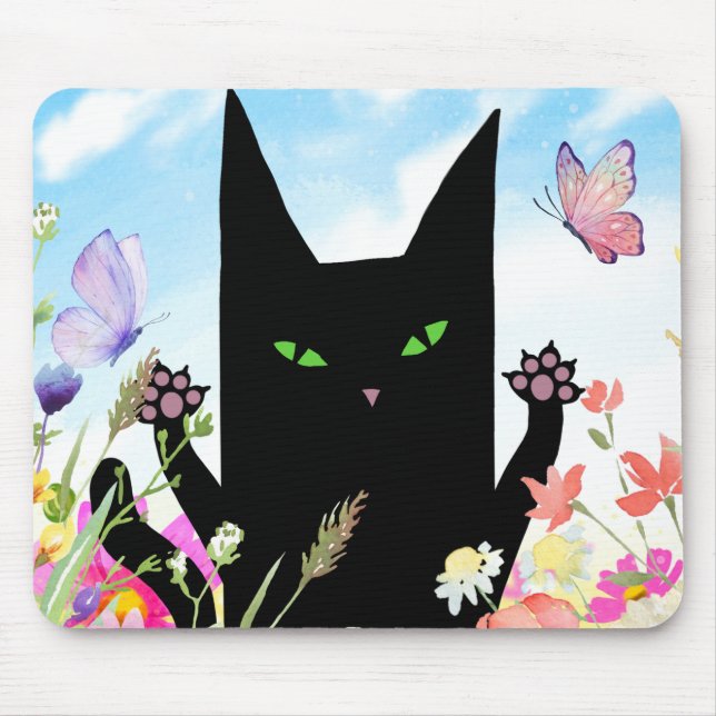 Mousepad Febre da Primavera do Gato Preto: Gatinho e Flores (Frente)