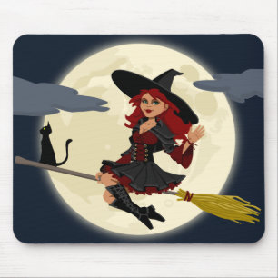 Mousepad Feiticeira amistosa de halloween sobre vassoura e