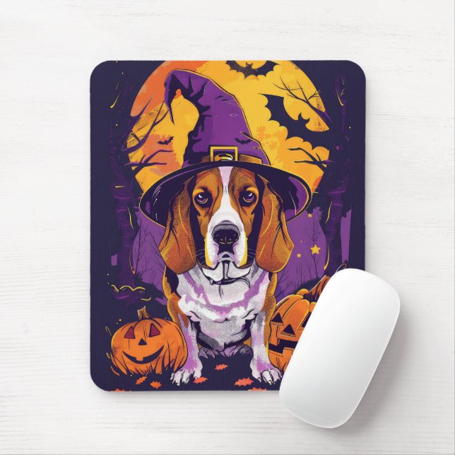 Mousepad Feiticeira de Beagle Halloween e Abóbora (Com mouse)