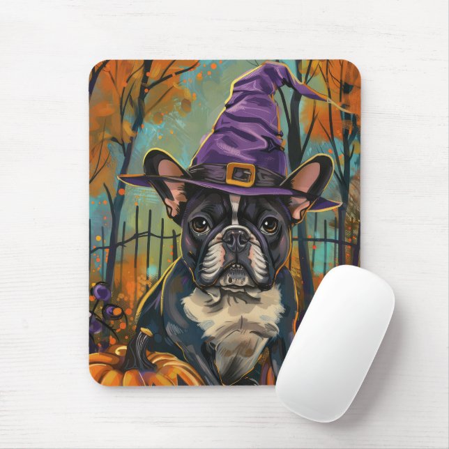 Mousepad Feiticeira de Halloween e Abóbora do Bulldog Franc (Com mouse)