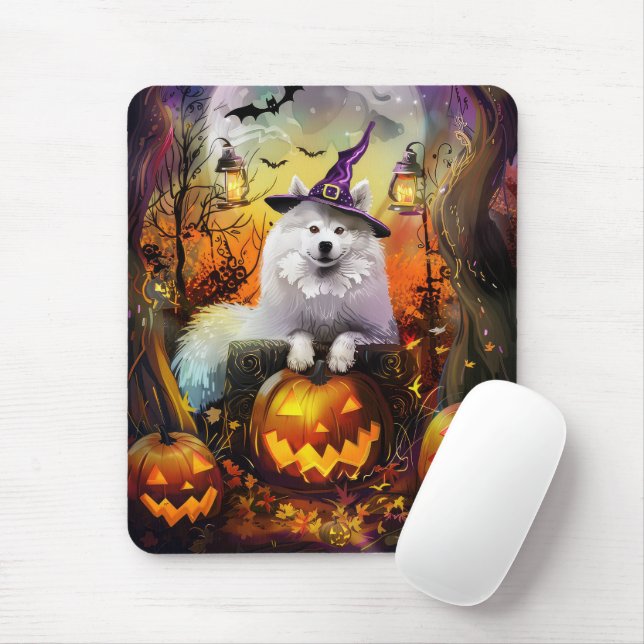 Mousepad Feiticeira de Halloween e Abóbora Samoyed Samoyed (Com mouse)