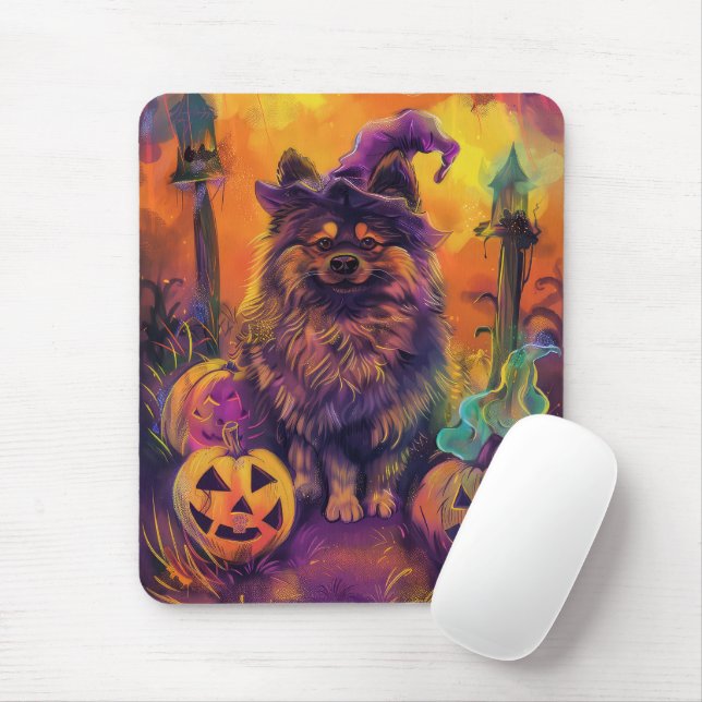 Mousepad Feiticeira do Dia das Bruxas e Abóbora de Keeshond (Com mouse)