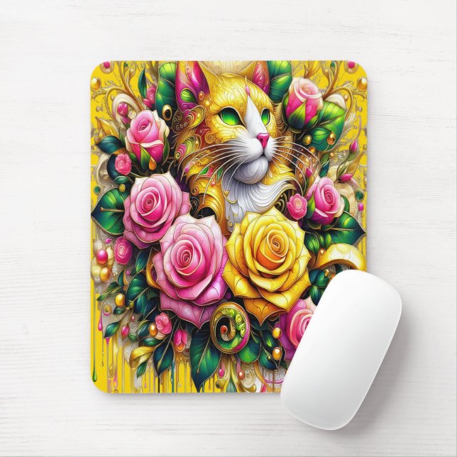 Mousepad Feline em meio a um Blogue Floral Vibrante (Com mouse)