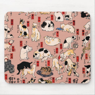 Mousepad felinos japoneses gatinho Ukiyo-e engraçado
