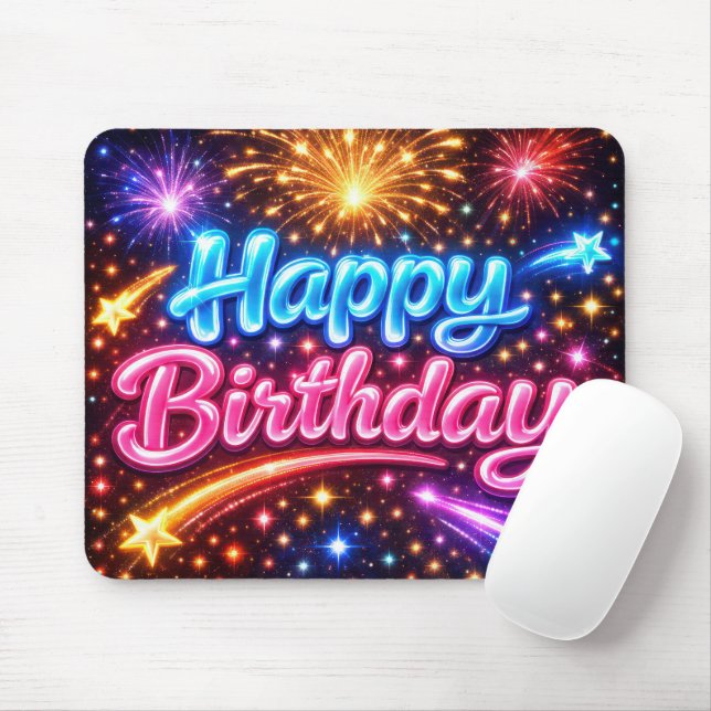 Mousepad Feliz Aniversário de Neon com Estrelas Cadentes (Com mouse)