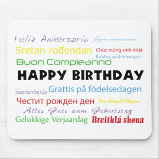 Mousepad Feliz aniversário em muitas línguas coloridas