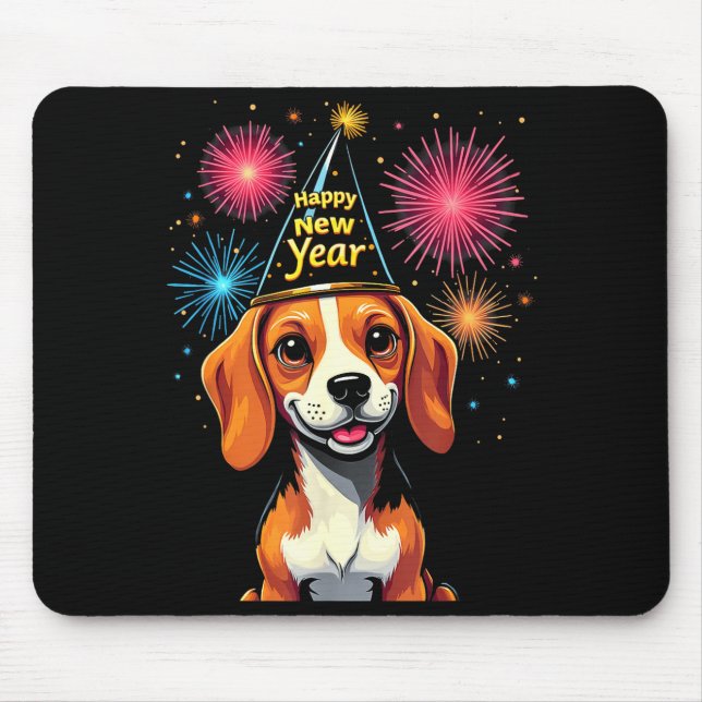 Mousepad Feliz Ano Novo 2025 Véspera Fogos de Artifício Cão (Frente)