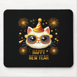 Mousepad Feliz Ano Novo Gato Fogos de Ano Novo Festa de Rév