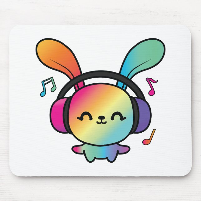 Mousepad Feliz Bunny com fones de ouvido ouvindo música. (Frente)