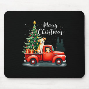 Mousepad Feliz Caminhão Vermelho de Natal com Cão & Gat