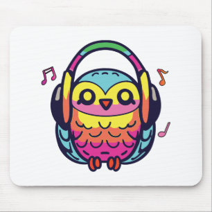 Mousepad Feliz coruja com fones de ouvido ouvindo música.