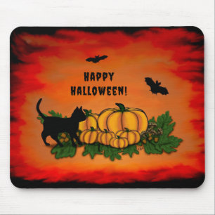Mousepad Feliz Dia das Bruxas, Gato Negro, Bat e Abóbora