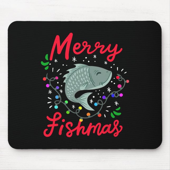 Mousepad Feliz Fishmas Engraçado Árvore de Natal Luzes de P (Frente)