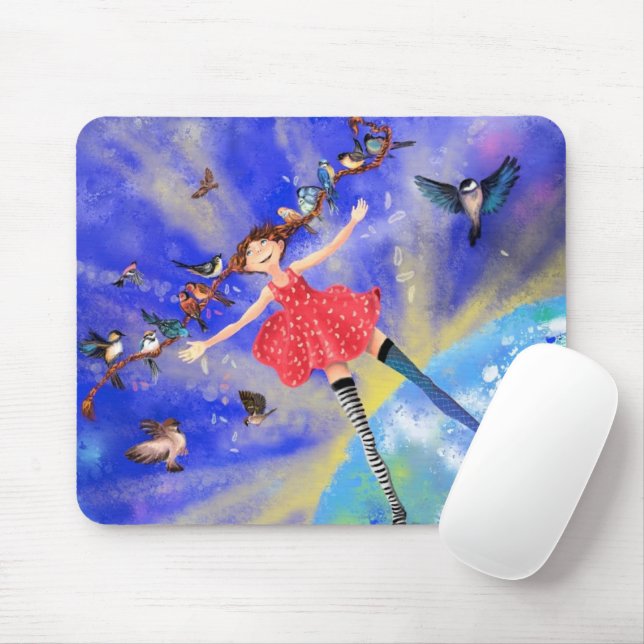 Mousepad Feliz Garota com Pássaros - Feliz (Com mouse)