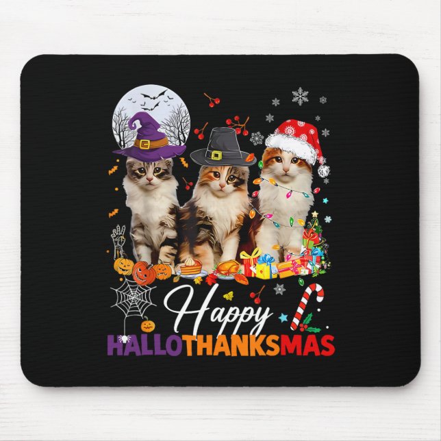 Mousepad Feliz Hallothanksmas Gatinhos Fofos Dia das Bruxas (Frente)