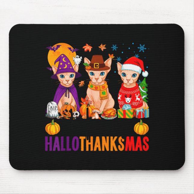 Mousepad Feliz Hallothanksmas Gatos Sphynx Halloween Ação d (Frente)