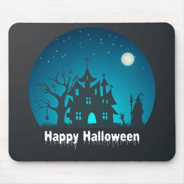Mousepad Feliz Halloween Blue e Black Hauned House (Frente)