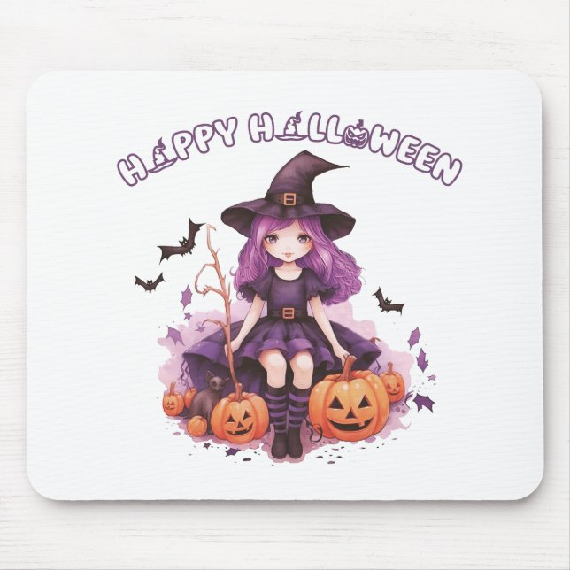 Mousepad Feliz Halloween Roxo Bruxas Pumpkins & Bats (Frente)