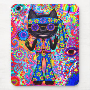 Mousepad Feliz Hippie Gato Óculos de Sol Sinal de Paz Flor