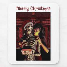 Mousepad Feliz Natal. Esqueleto engraçado com mulher