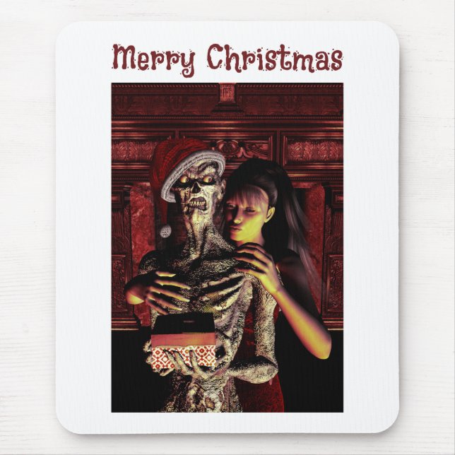 Mousepad Feliz Natal. Esqueleto engraçado com mulher (Frente)