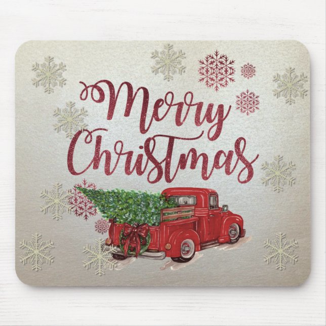 Mousepad Feliz Natal,Flocos de neve,Caminhão Vermelho Pinhe (Frente)