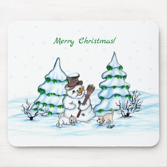 Mousepad Feliz Natal! Neve com Cat e Puppy (Frente)