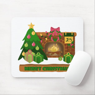 Mousepad Feliz Natal perto da árvore de Natal de lareira bo