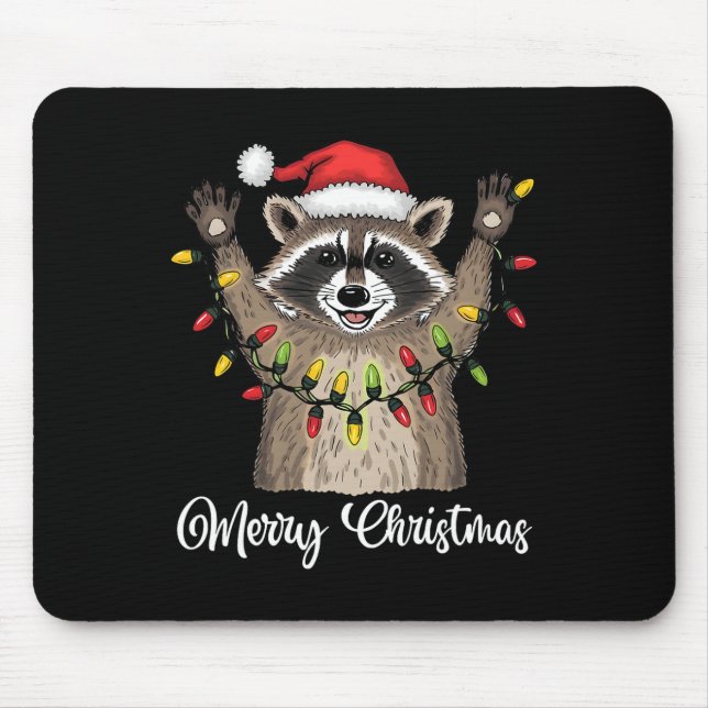 Mousepad Feliz Natal Raccoon Santa Hat Xmas Light Pjs (Frente)