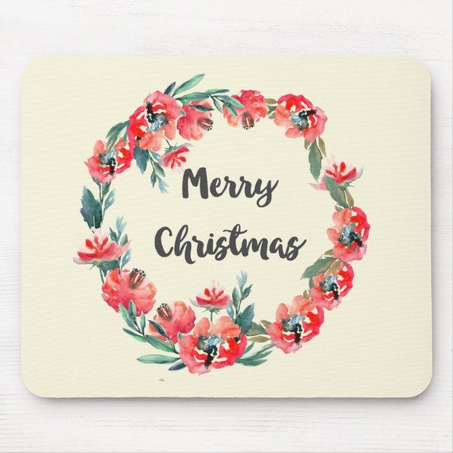 Mousepad Feliz Natal Red Floral Watercolor Wreath (Frente)